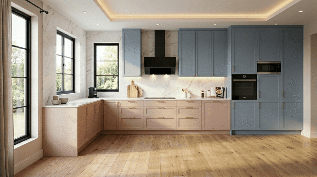 Affordable L shape modular kitchen design with wooden finish