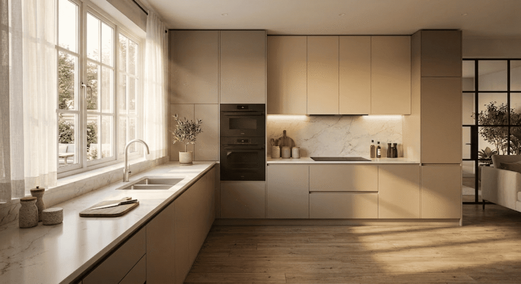 Elegant L shaped modular kitchen with LED lighting and cabinets