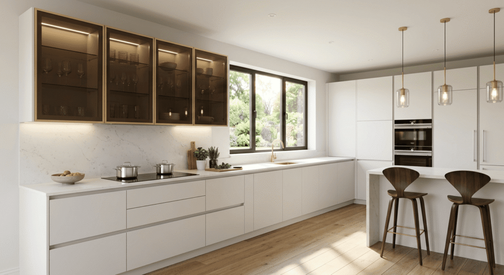 Luxury L shape modular kitchen with glossy finish cabinets